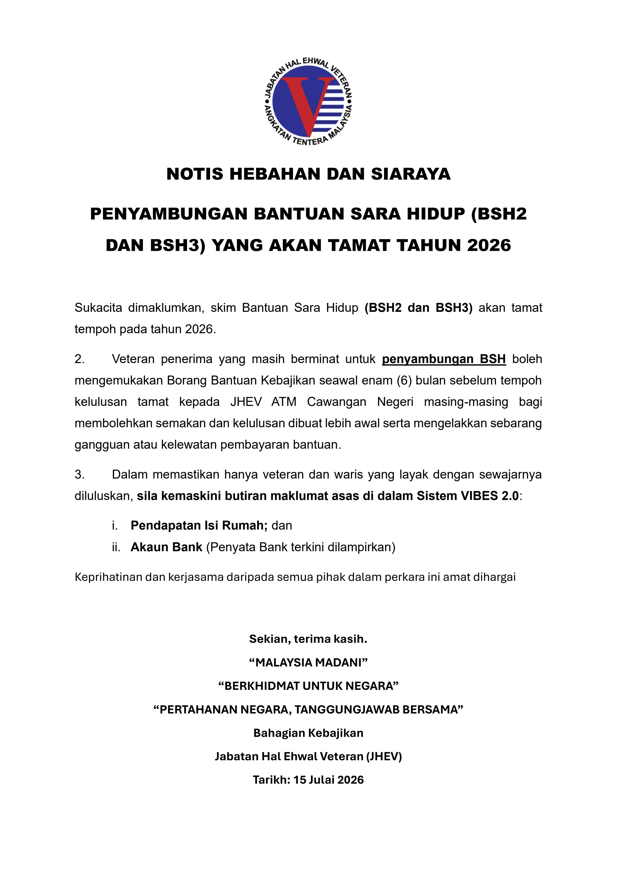 SIARAYA PENYAMBUNGAN BANTUAN SARA HIDUP (BSH2 DAN BSH3)