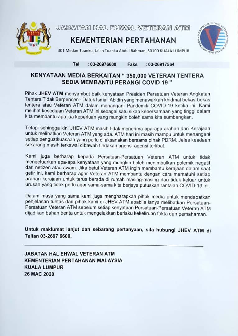 350,000 Veteran Tentera Sedia Membantu Perangi COVID 19